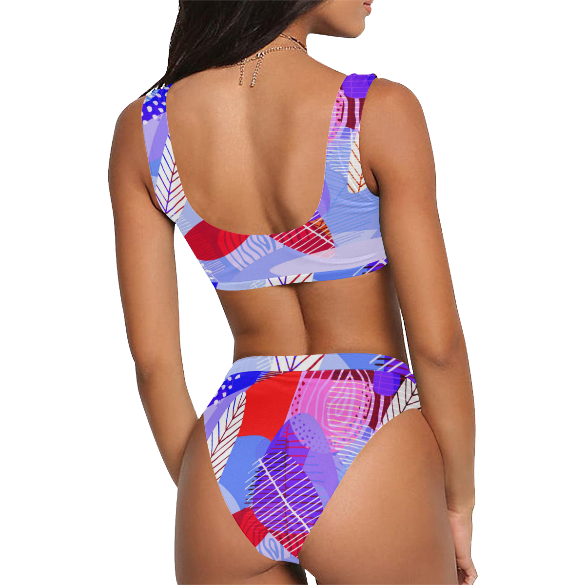 leaf pattern Sport Top & High-Waisted Bikini Swimsuit (Model S07)