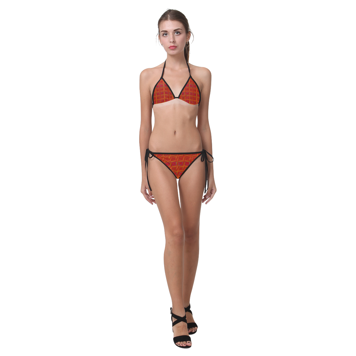 Red orange golden multicolored multiple squares Custom Bikini Swimsuit (Model S01)