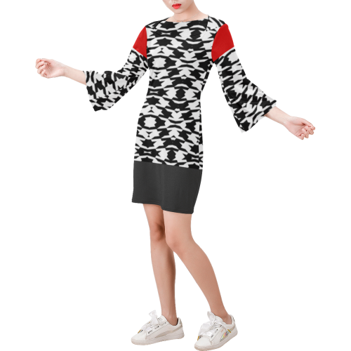 Modern Houndstooth (Black/White/Dark Gray/Red) Bell Sleeve Dress (Model D52)