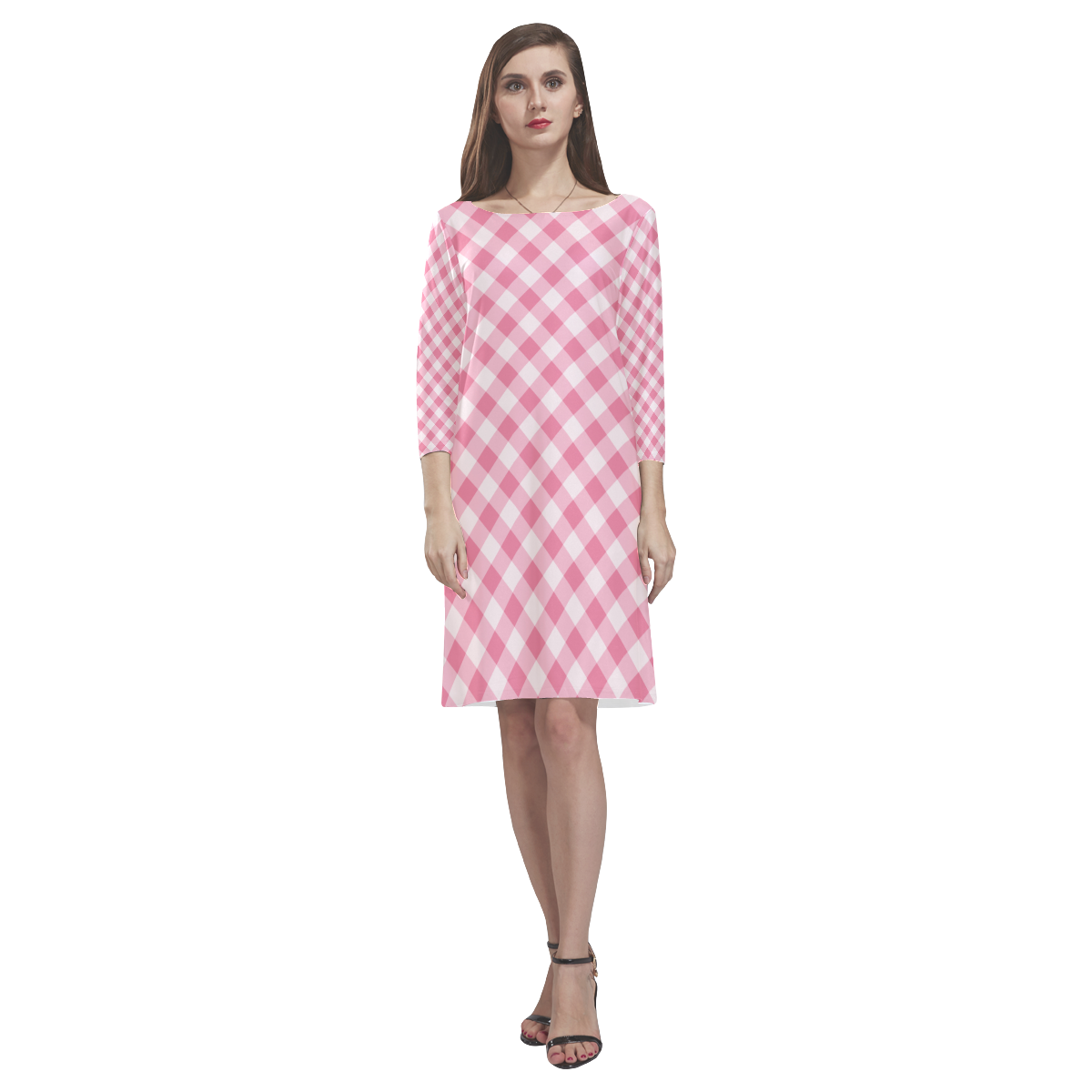 pink pattern Rhea Loose Round Neck Dress(Model D22)