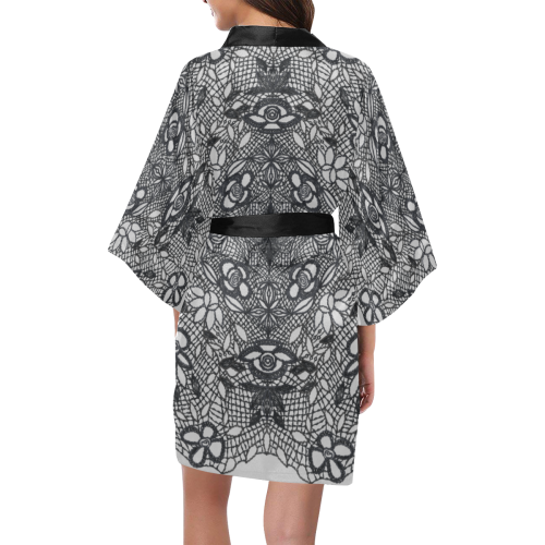 Black Crocheted Lace Mandala Pattern on gray Kimono Robe