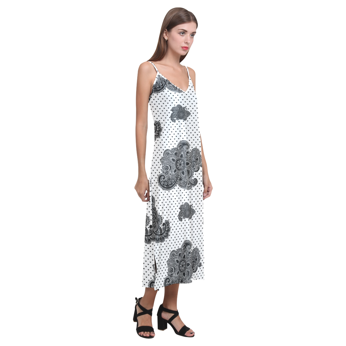 Paisley Hearts V-Neck Open Fork Long Dress(Model D18)