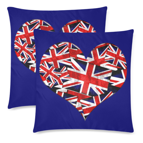 Union Jack British UK Flag Heart Blue Custom Zippered Pillow Cases 18"x 18" (Twin Sides) (Set of 2)