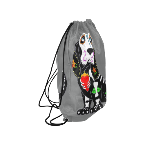 Basset Hound Sugar Skull Dark Grey Medium Drawstring Bag Model 1604 (Twin Sides) 13.8"(W) * 18.1"(H)