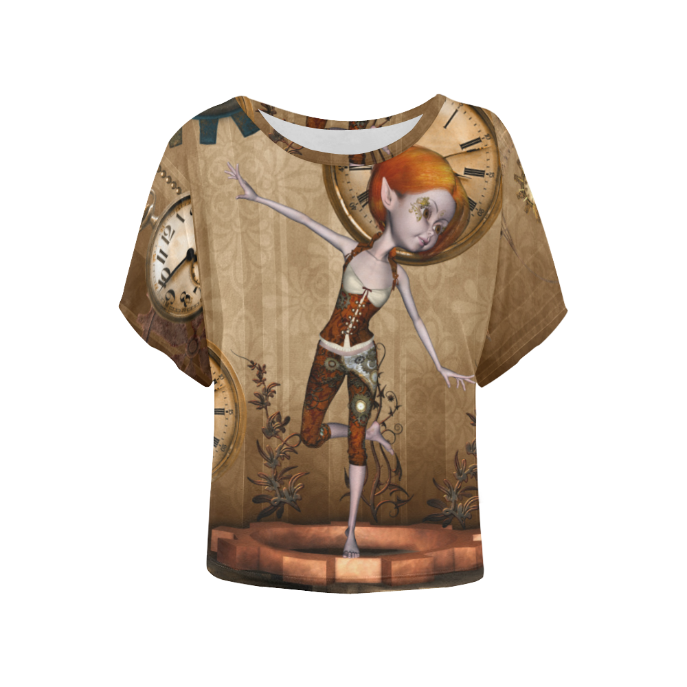 Steampunk girl, clocks and gears Women's Batwing-Sleeved Blouse T shirt (Model T44)