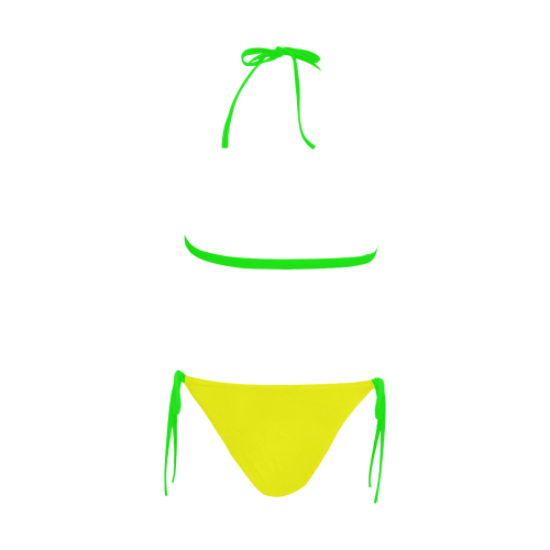 Bright Neon Yellow - Green Trim Buckle Front Halter Bikini Swimsuit (Model S08)