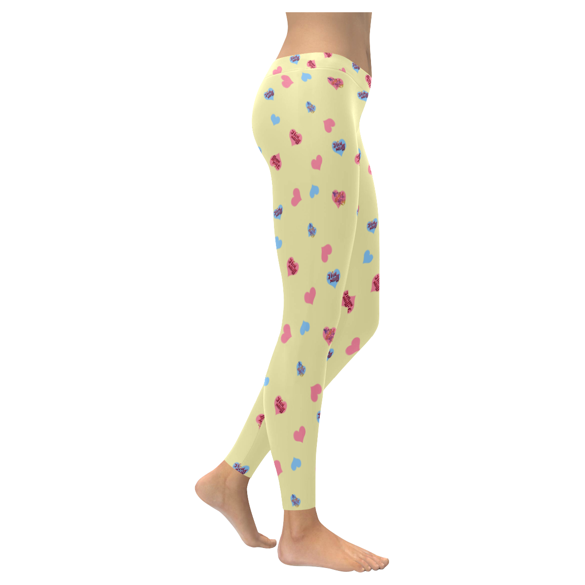 Pink-Blue Hearts-Wild Thing-Hot Stuff on Yellow Women's Low Rise Leggings (Invisible Stitch) (Model L05)