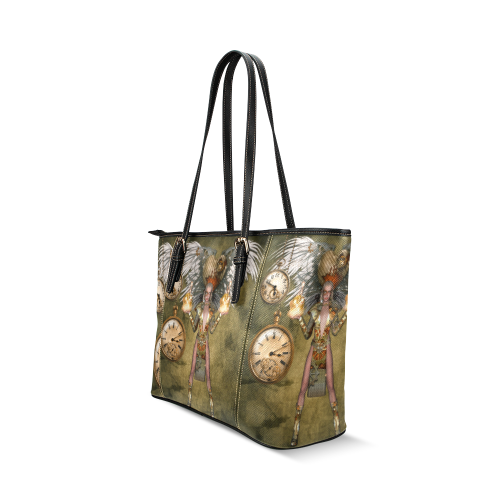 Steampunk lady with clocks and gears Leather Tote Bag/Large (Model 1640)