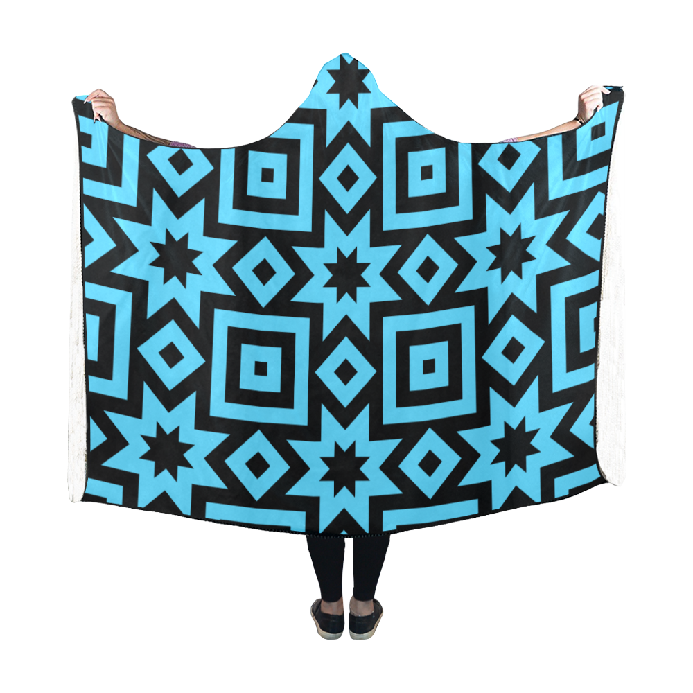 Blue/Black Geometric Pattern Hooded Blanket 60''x50''