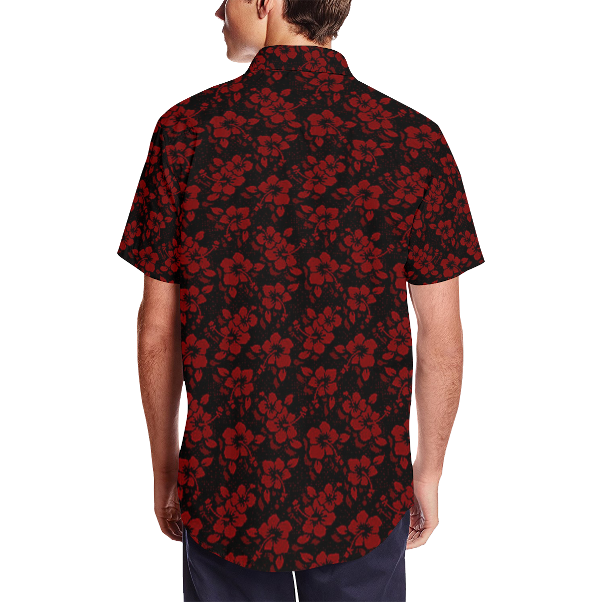 Gothic Red Devil Flower Satin Dress Shirt Men's Short Sleeve Shirt with Lapel Collar (Model T54)