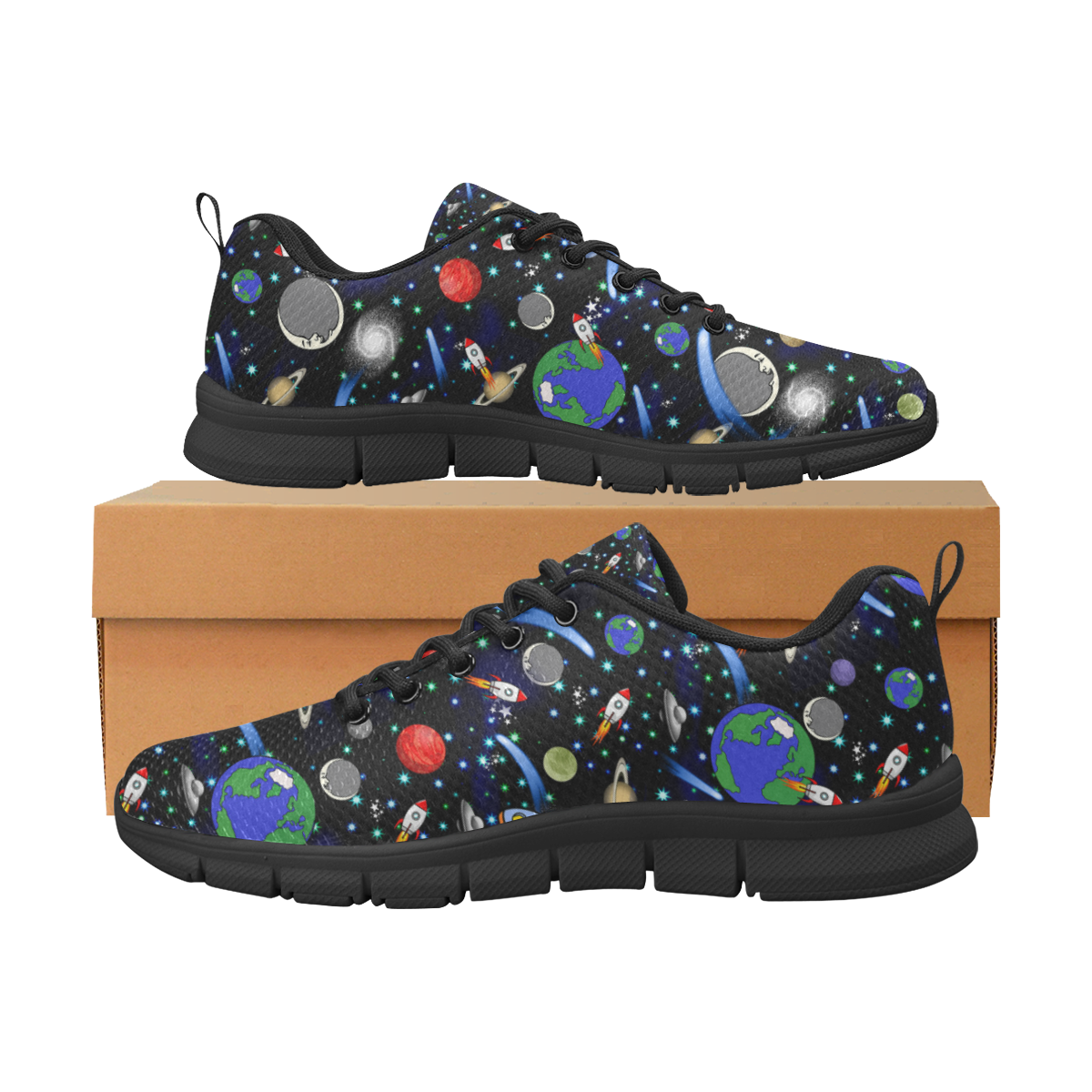 Galaxy Universe - Planets, Stars, Comets, Rockets (Black) Women's Breathable Running Shoes (Model 055)