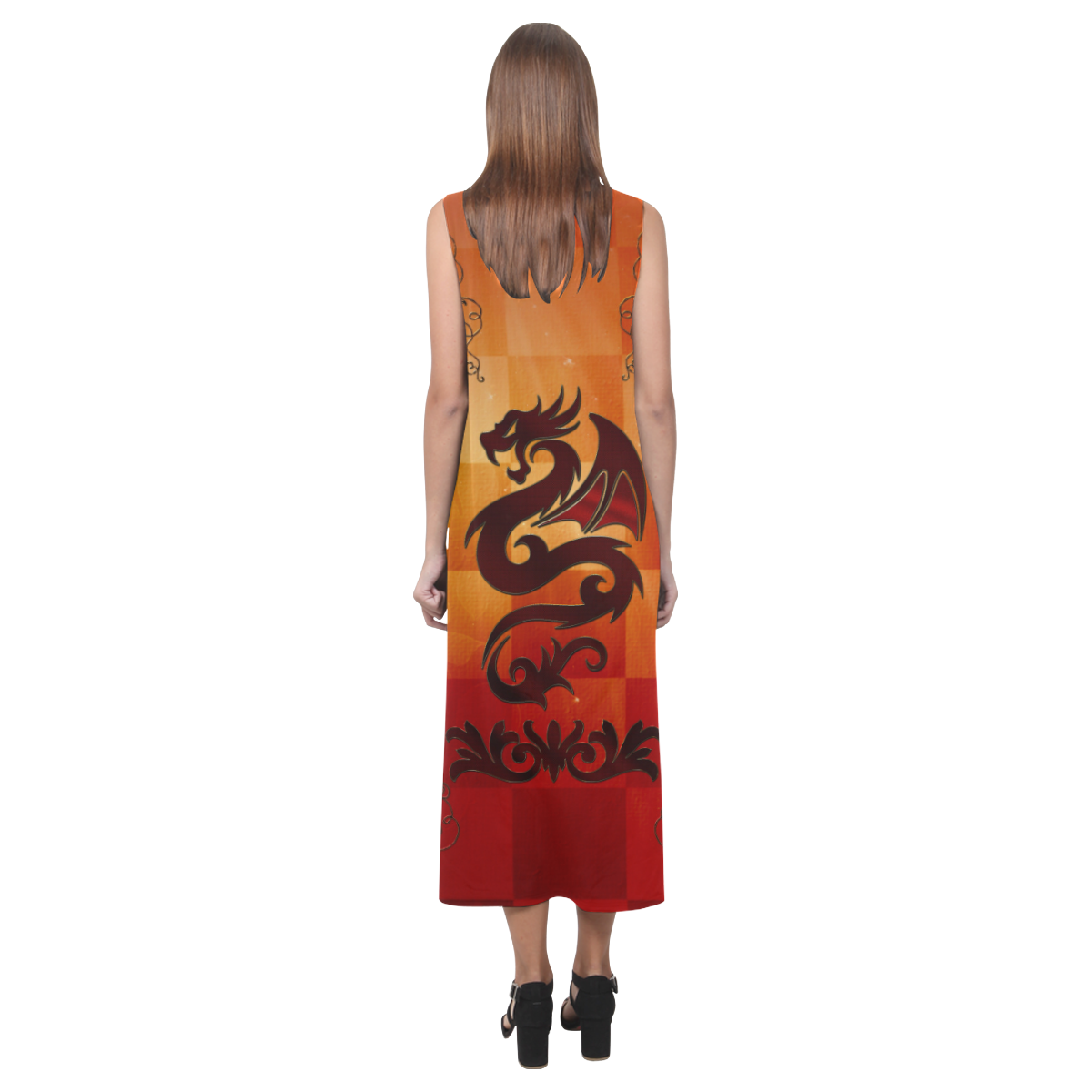 Tribal dragon  on vintage background Phaedra Sleeveless Open Fork Long Dress (Model D08)