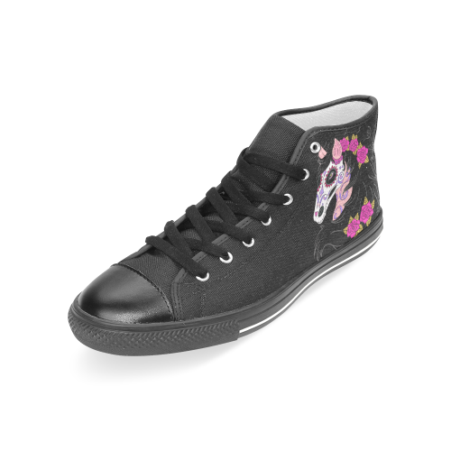 Sugar Skull Horse Pink Roses Black Women's Classic High Top Canvas Shoes (Model 017)