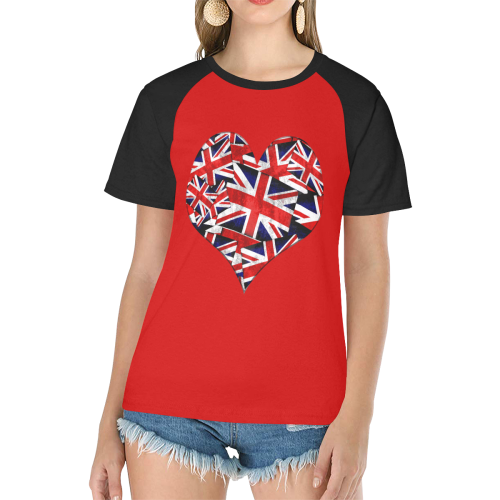 Union Jack British UK Flag Heart - Red Women's Raglan T-Shirt/Front Printing (Model T62)