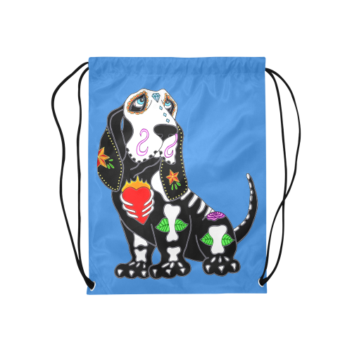 Basset Hound Sugar Skull Blue Medium Drawstring Bag Model 1604 (Twin Sides) 13.8"(W) * 18.1"(H)