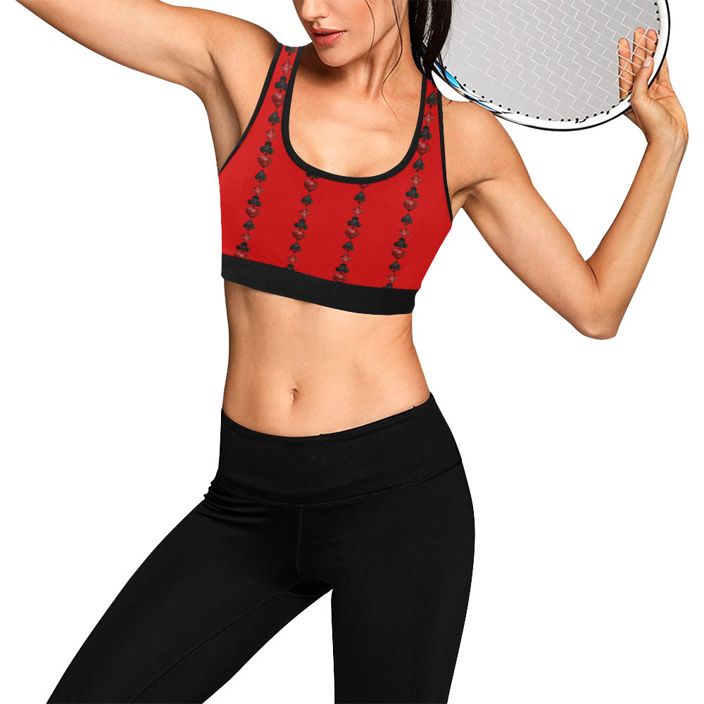 Las Vegas  Black and Red Casino Poker Card Shapes on Red Women's All Over Print Sports Bra (Model T52)