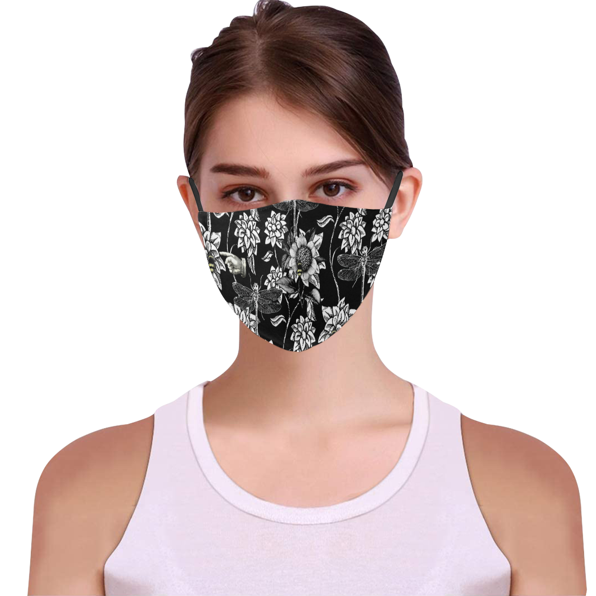Black and White Nature Garden 3D Mouth Mask with Drawstring (Pack of 3) (Model M04)