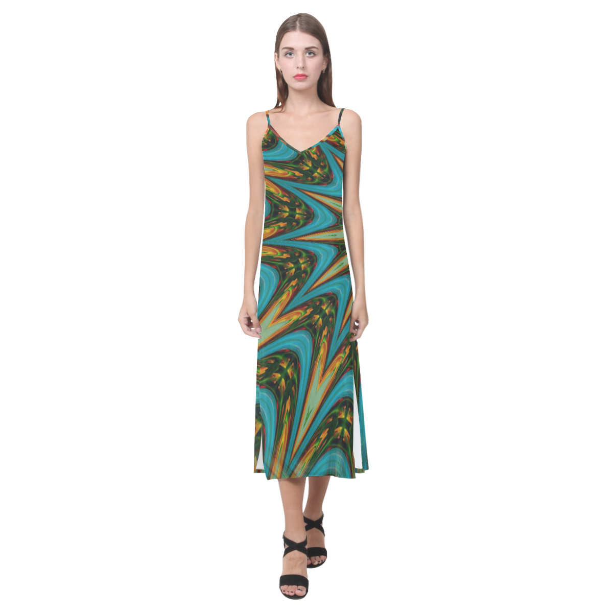 :Emerald Mandala: V-Neck Open Fork Long Dress(Model D18)