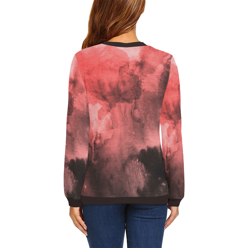 Red and Black Watercolour All Over Print Crewneck Sweatshirt for Women (Model H18)