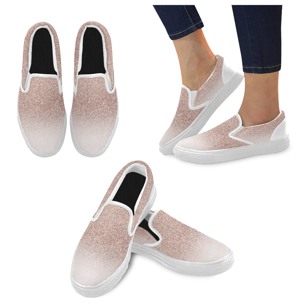Rose Gold Glitter Ombre Pink White Women's Unusual Slip-on Canvas Shoes (Model 019)