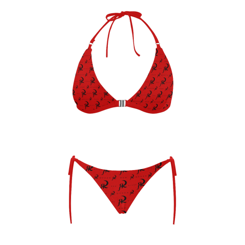 RED QUEEN SYMBOL LOGO PATTERN BLACK & RED Buckle Front Halter Bikini Swimsuit (Model S08)
