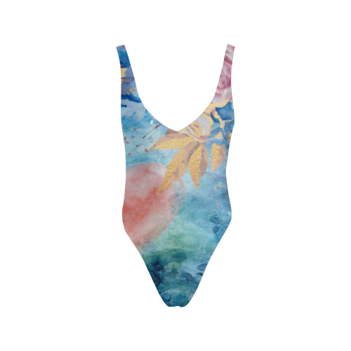 Heart and Flowers - Pink and Blue Sexy Low Back One-Piece Swimsuit (Model S09)