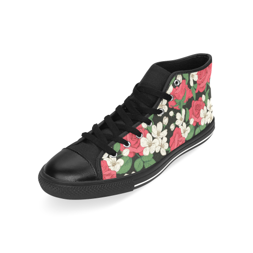 Pink, White and Black Floral Men’s Classic High Top Canvas Shoes /Large Size (Model 017)