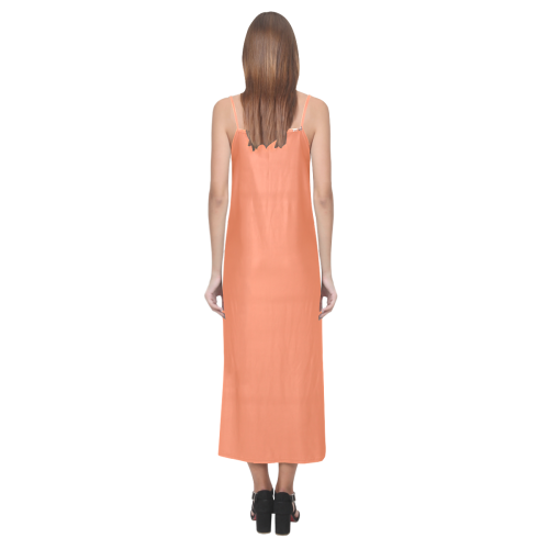 Living Coral Color Flamingos V-Neck Open Fork Long Dress(Model D18)