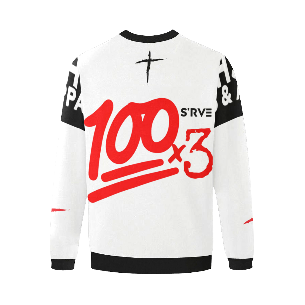 100x3 (White) Men's Oversized Fleece Crew Sweatshirt (Model H18)