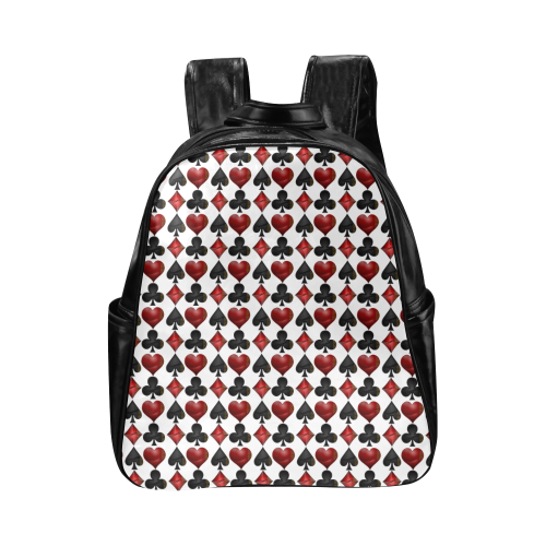 Black and Red Casino Poker Card Shapes on White Multi-Pockets Backpack (Model 1636)