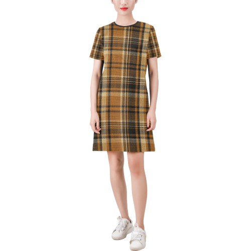 TARTAN DESIGN Short-Sleeve Round Neck A-Line Dress (Model D47)