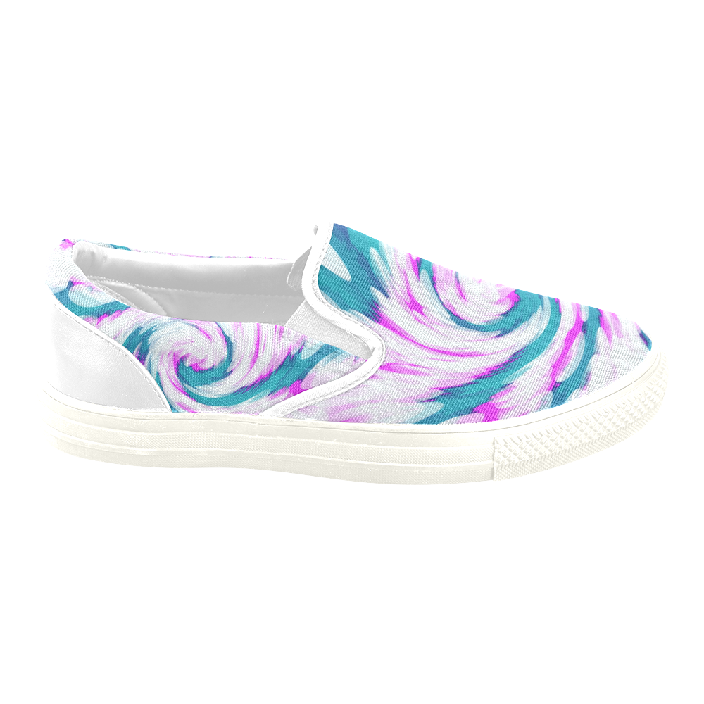 Turquoise Pink Tie Dye Swirl Abstract Women's Unusual Slip-on Canvas Shoes (Model 019)
