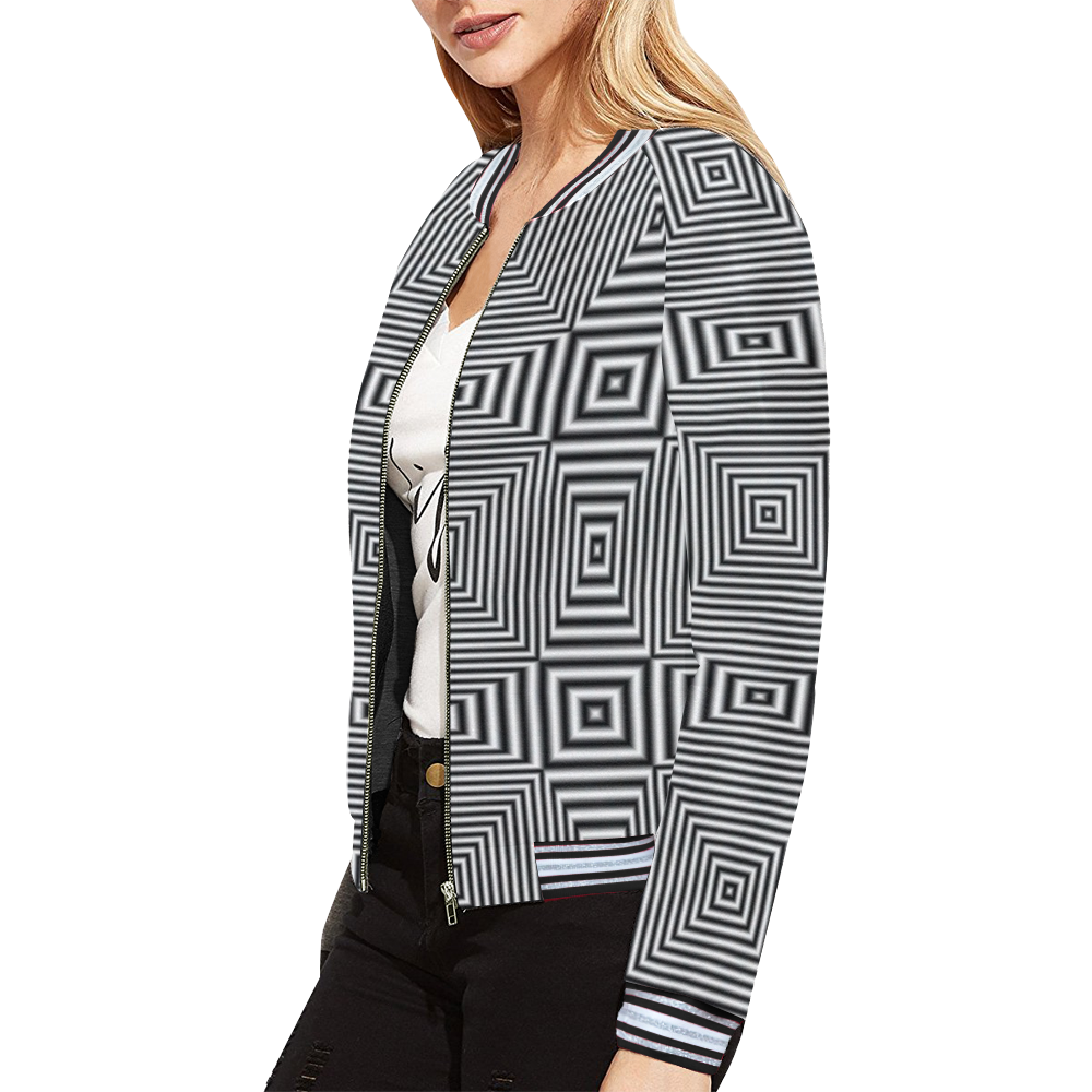 Striped geometric pattern Black Edging Version All Over Print Bomber Jacket for Women (Model H21)