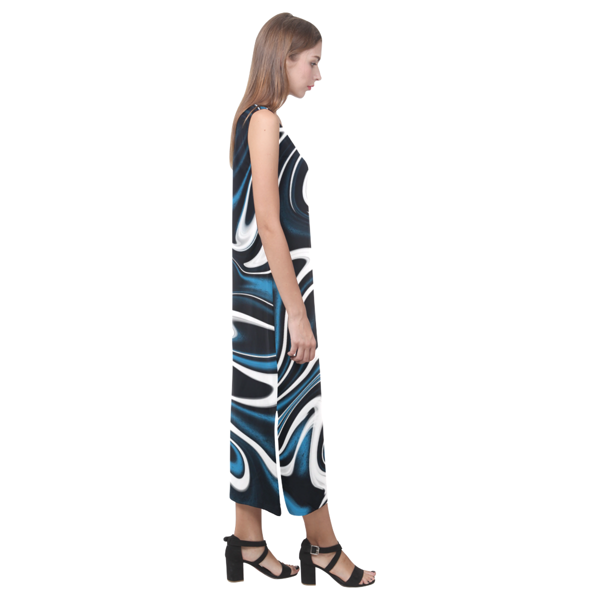Blue, Black and White Estonia Swirls Phaedra Sleeveless Open Fork Long Dress (Model D08)