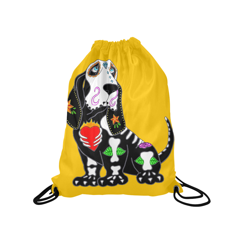 Basset Hound Sugar Skull Yellow Medium Drawstring Bag Model 1604 (Twin Sides) 13.8"(W) * 18.1"(H)
