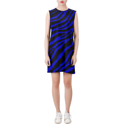Ripped SpaceTime Stripes - Blue Sleeveless Round Neck Shift Dress (Model D51)