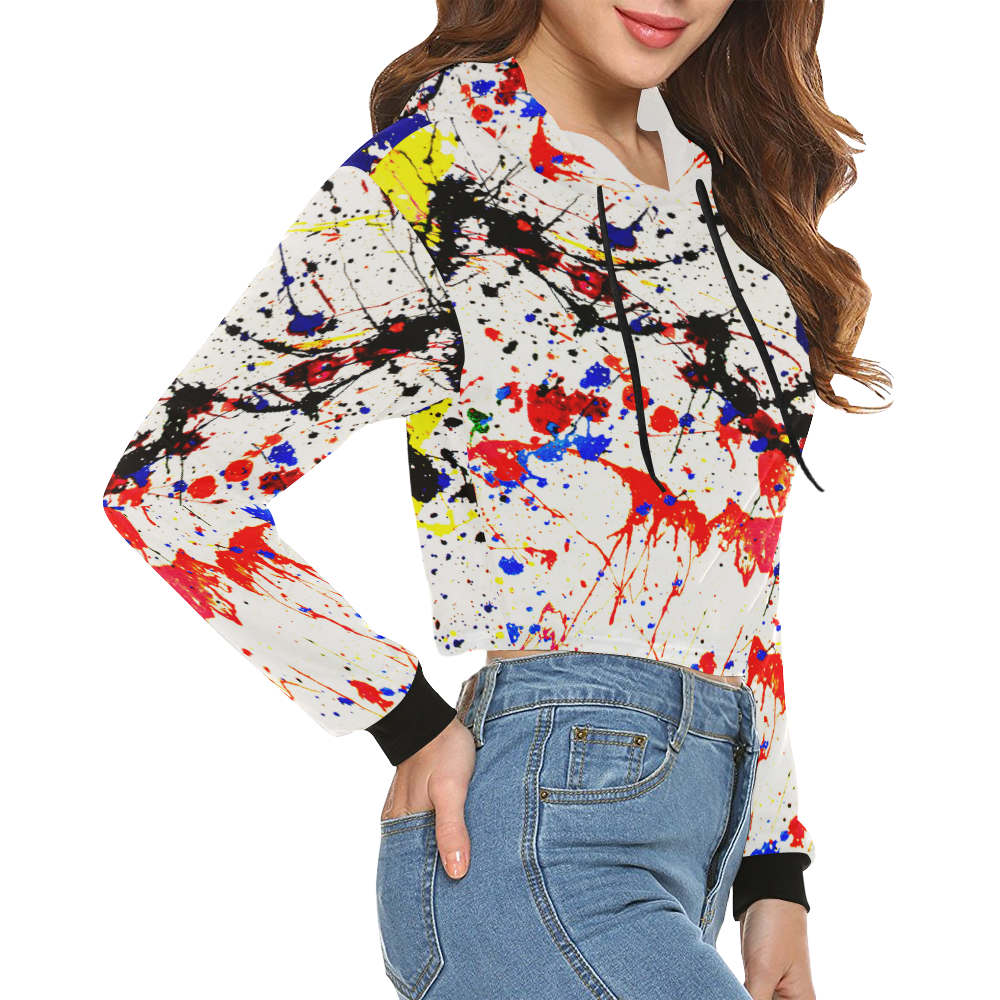 Blue & Red Paint Splatter All Over Print Crop Hoodie for Women (Model H22)
