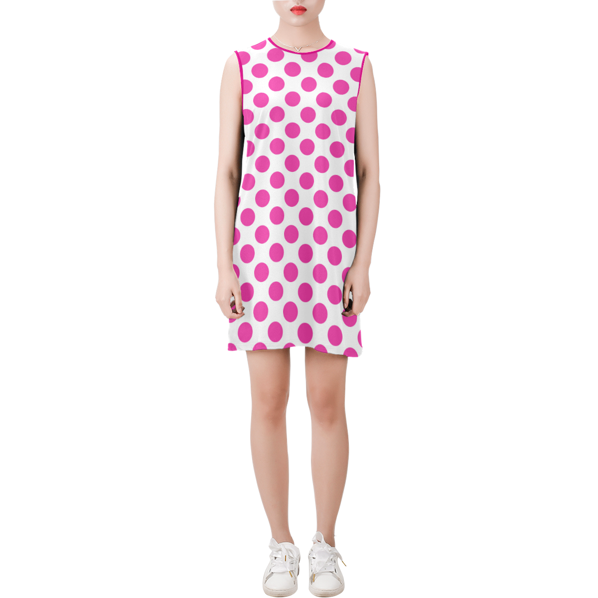 Pink Polka Dots on White Sleeveless Round Neck Shift Dress (Model D51)
