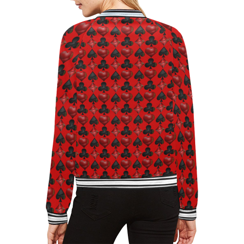 Las Vegas Black and Red Casino Poker Card Shapes on Red All Over Print Bomber Jacket for Women (Model H21)