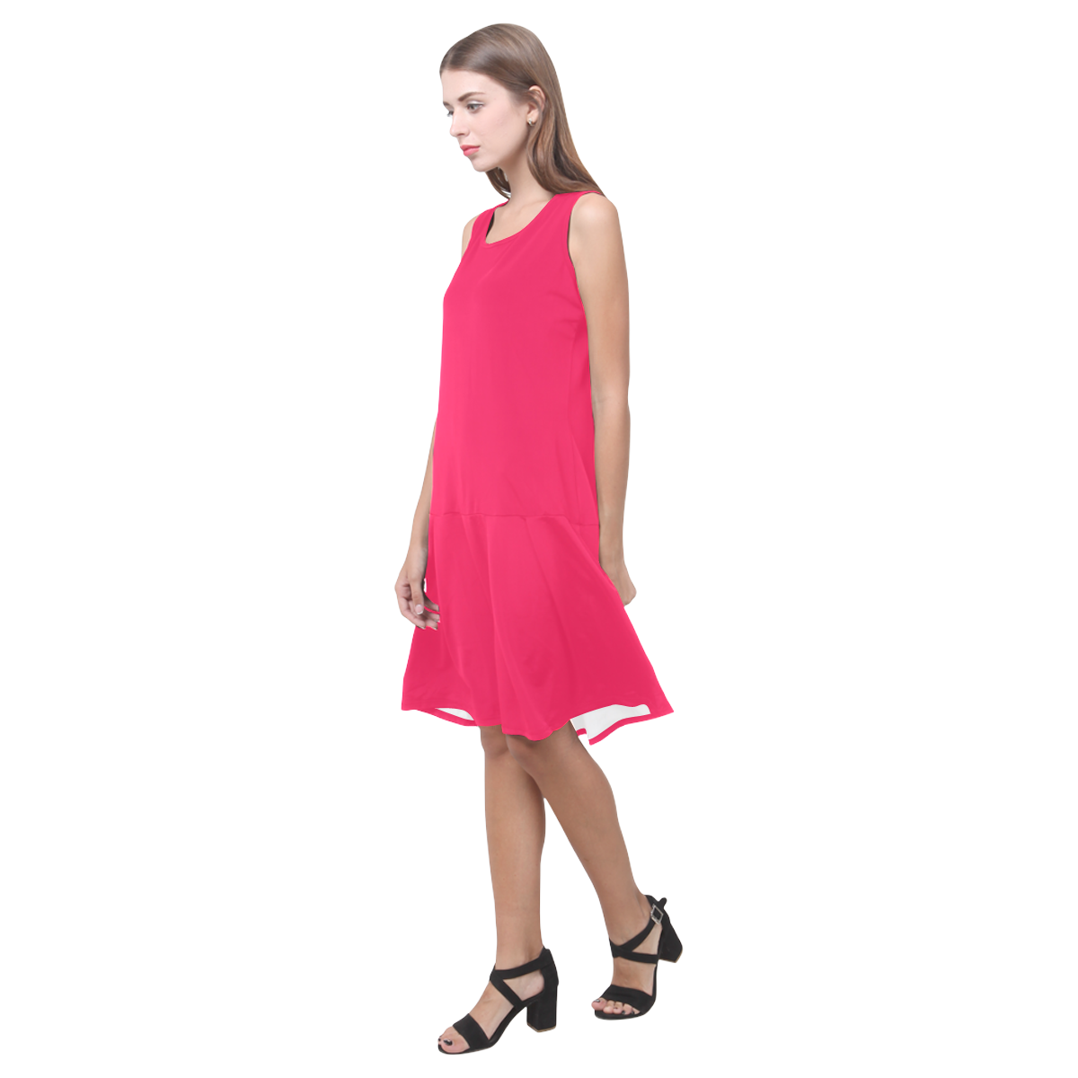 Solid Hot Pink Sleeveless Splicing Shift Dress(Model D17)