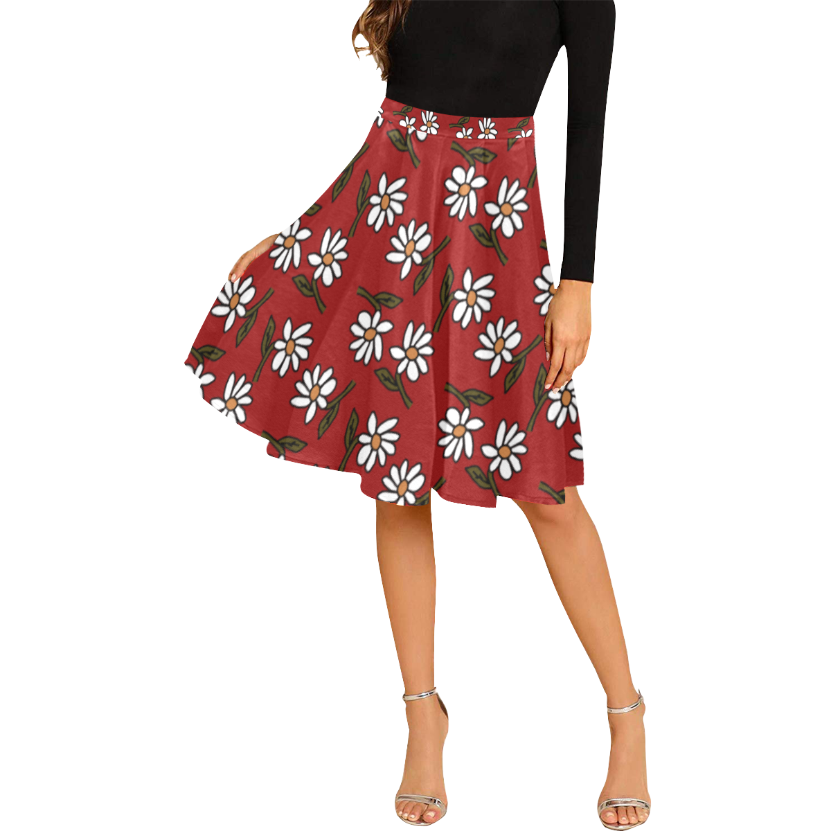 daisy red Melete Pleated Midi Skirt (Model D15)