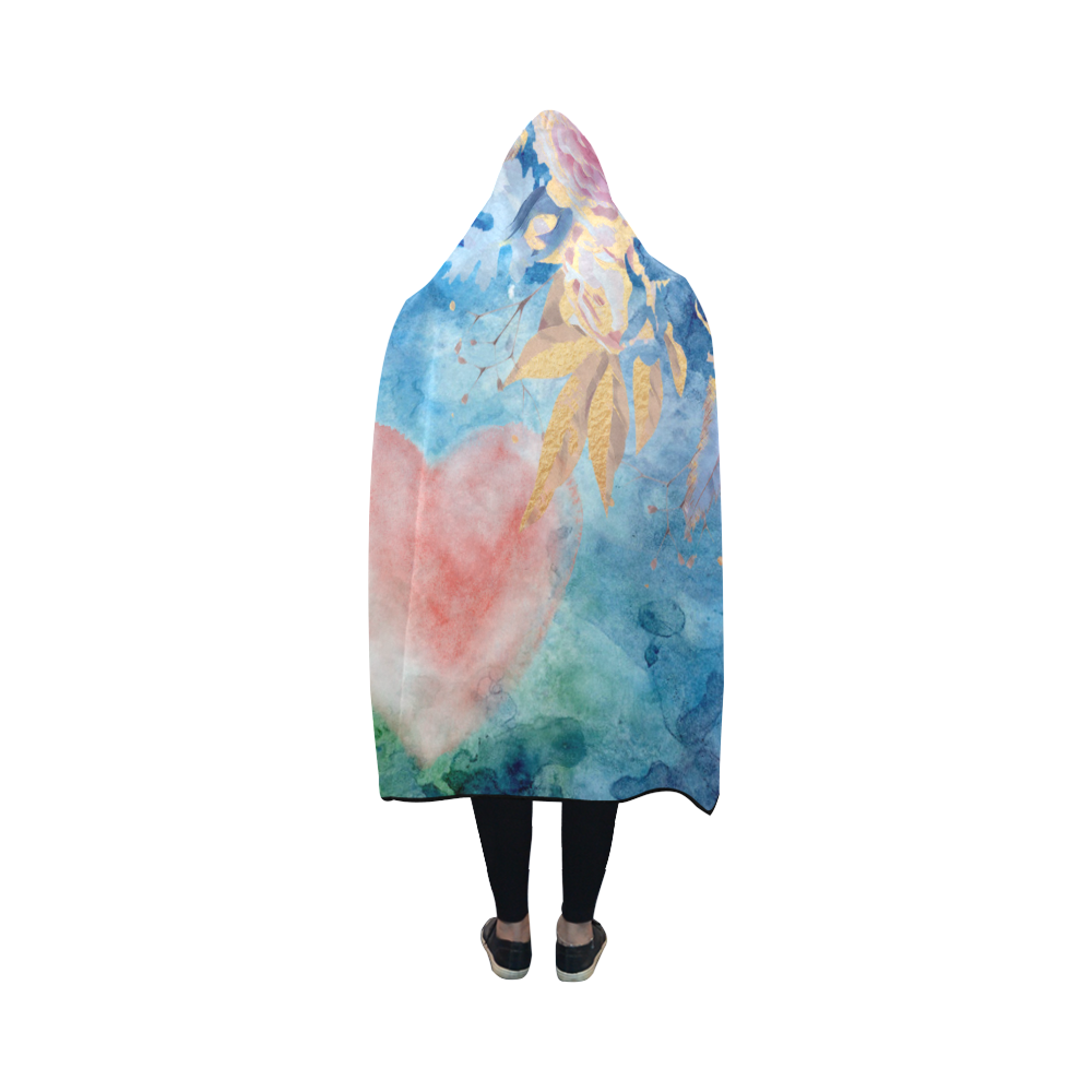 Heart and Flowers - Pink and Blue Hooded Blanket 50''x40''