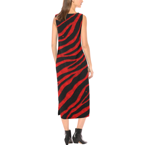 Ripped SpaceTime Stripes - Red Phaedra Sleeveless Open Fork Long Dress (Model D08)