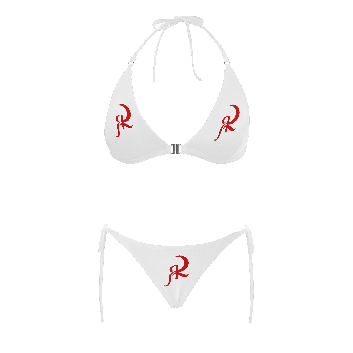 RED QUEEN SYMBOL RED & WHITE Buckle Front Halter Bikini Swimsuit (Model S08)