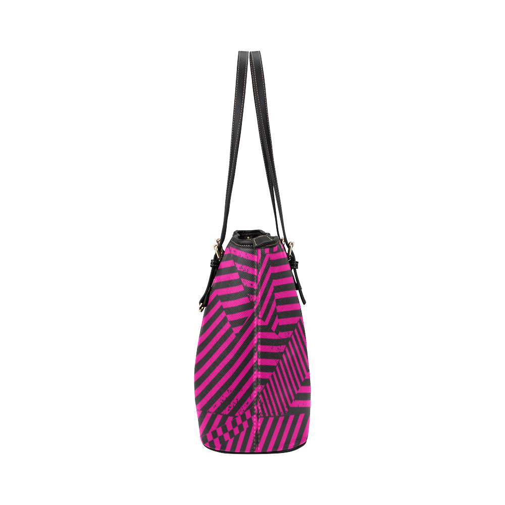 Hot Pink Black Stripes and Checkerboard Leather Tote Bag/Small (Model 1651)