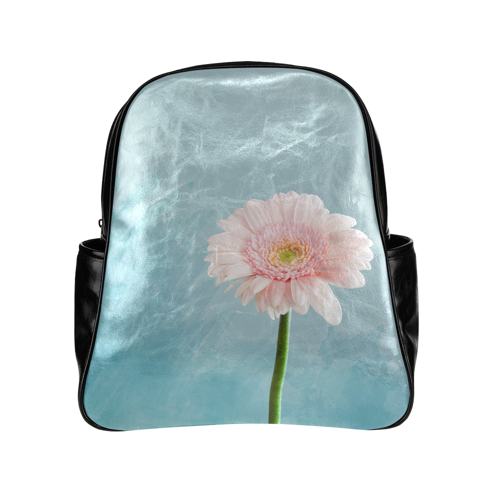 Gerbera Daisy - Pink Flower on Watercolor Blue Multi-Pockets Backpack (Model 1636)