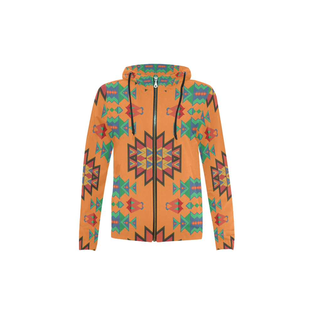 Misc shapes on an orange background All Over Print Full Zip Hoodie for Kid (Model H14)