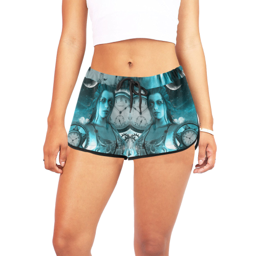Steampunk lady, clocks and gears Women's All Over Print Relaxed Shorts (Model L19)