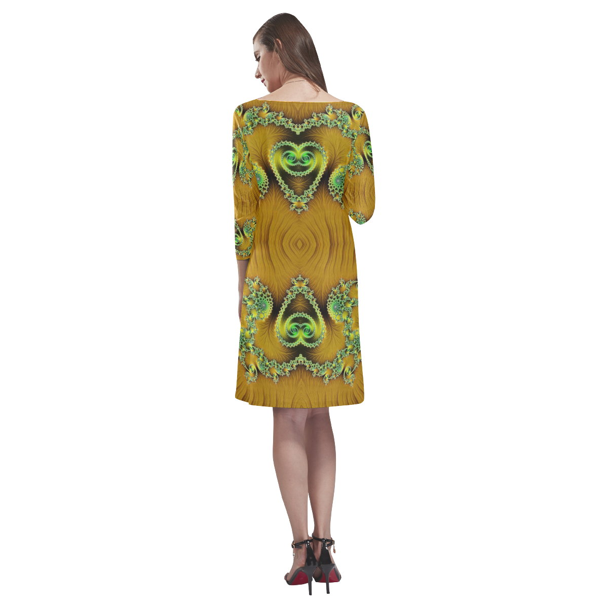 Gold and Green  Hearts  Lace Fractal Abstract Rhea Loose Round Neck Dress(Model D22)