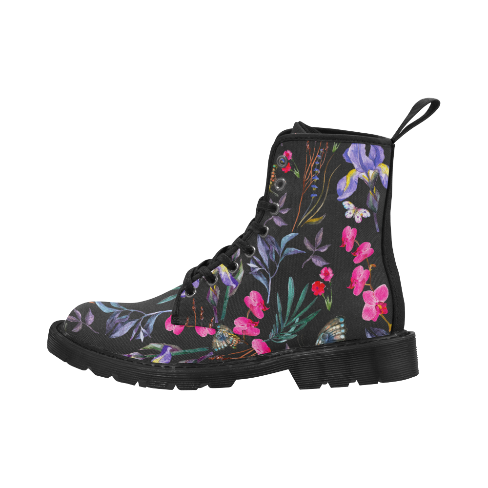 multi floral Martin Boots for Women (Black) (Model 1203H)